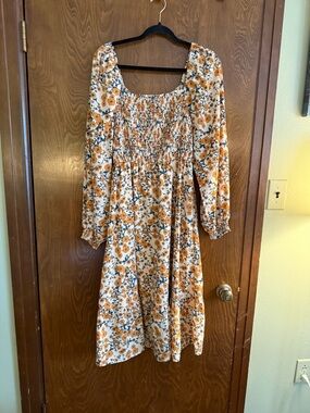 Hayden White Floral Smocked Midi Dress with Mustard Blooms